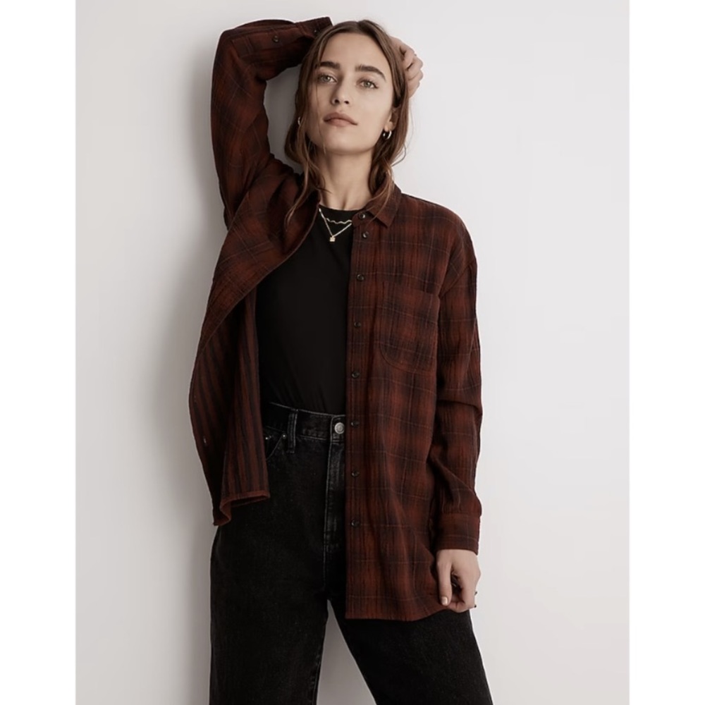 Madewell Oversized Flannel Button-Down Shirt in Burnished Mahogany Size Large